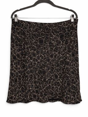 i.e. 100% Silk Midi Skirt Black Abstract Print Flowy Office Chic